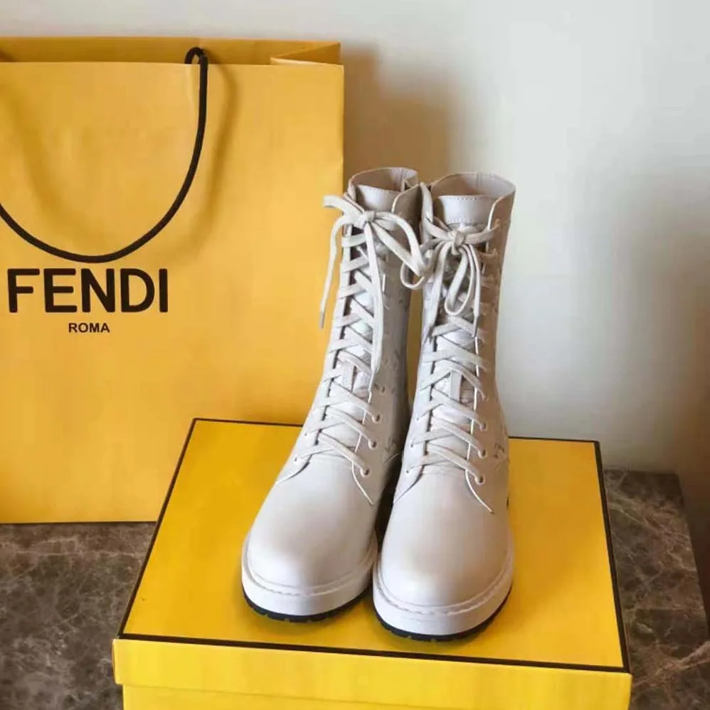 Fendi Signature White Leather Biker Boots for Women