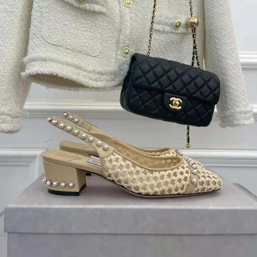 Jimmy Choo Hya 45 Barley Woven Raffia Slingbacks with Pearl Studs for Women