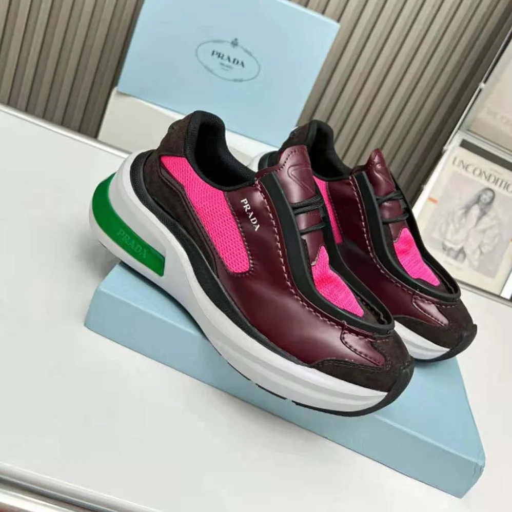 Prada Systeme Brushed Leather Sneakers with Bike Fabric and Suede Elements for Men in Pink