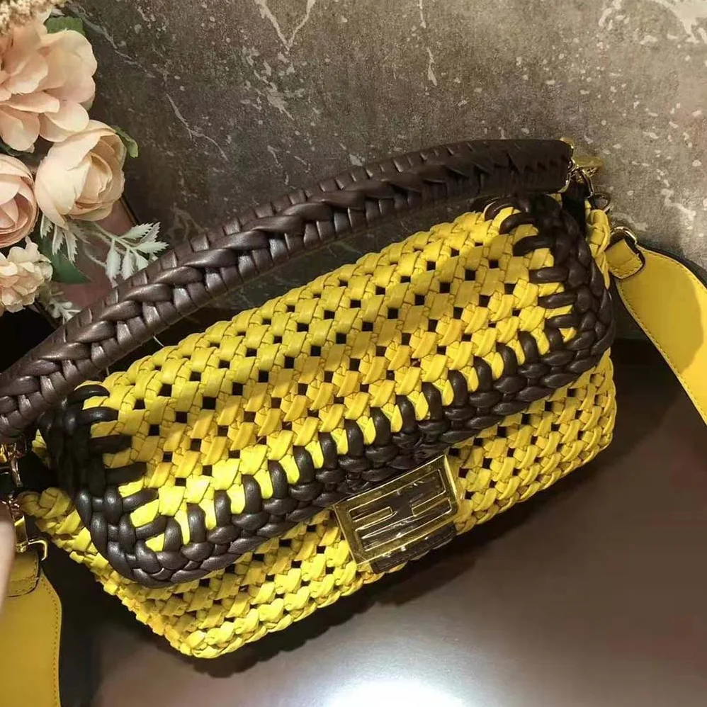 Fendi Lconic Medium Baguette Leather Interlace Bag for Women in Yellow