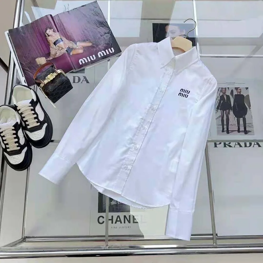 Miu Miu Cropped Poplin Shirt with Embroidered Logo for Women in White