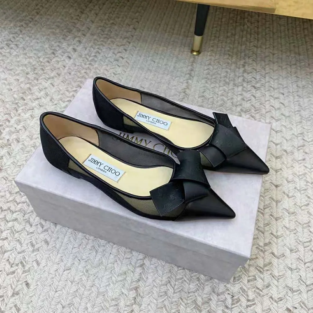 Jimmy Choo Lani Flat Black Mesh Flats with JC Monogram Leather Bow for Women Jimmy Choo Lani Flat Black Mesh Flats with JC Monogram Leather Bow for Women