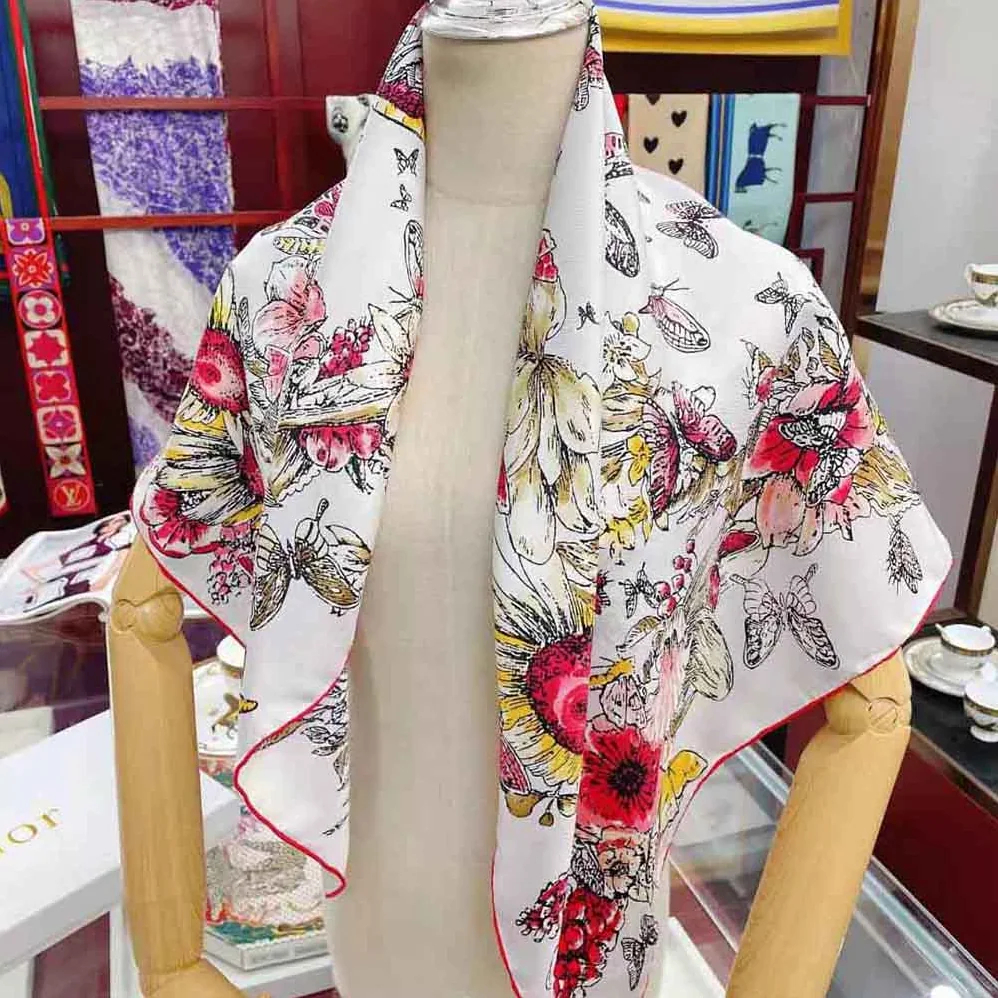 Dior Square Scarf Lvory Silk Twill with Multicolor Butterfly Motif for Women