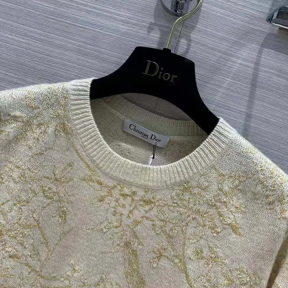 Dior Sweater Gold-Tone Technical Cashmere Knit Embroidered with Metallic Thread in a Dior Jardin D'Hiver Motif for Women