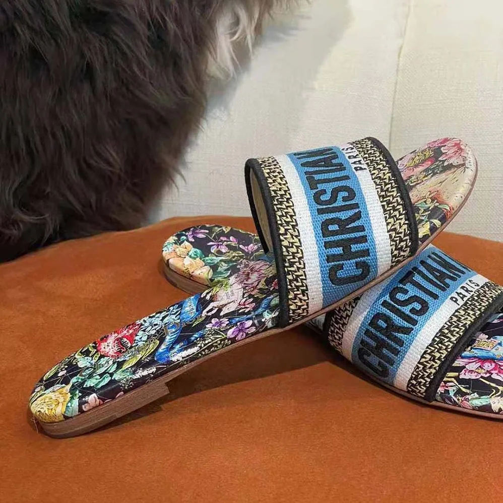 Dior Dway Slide Black Multicolor Embroidered Cotton with D for Women in Constellation Motif