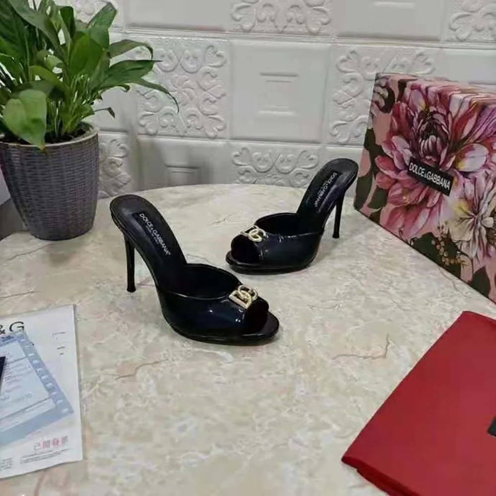 Dolce Gabbana D&G Patent Leather Mules with DG Logo for Women in Black