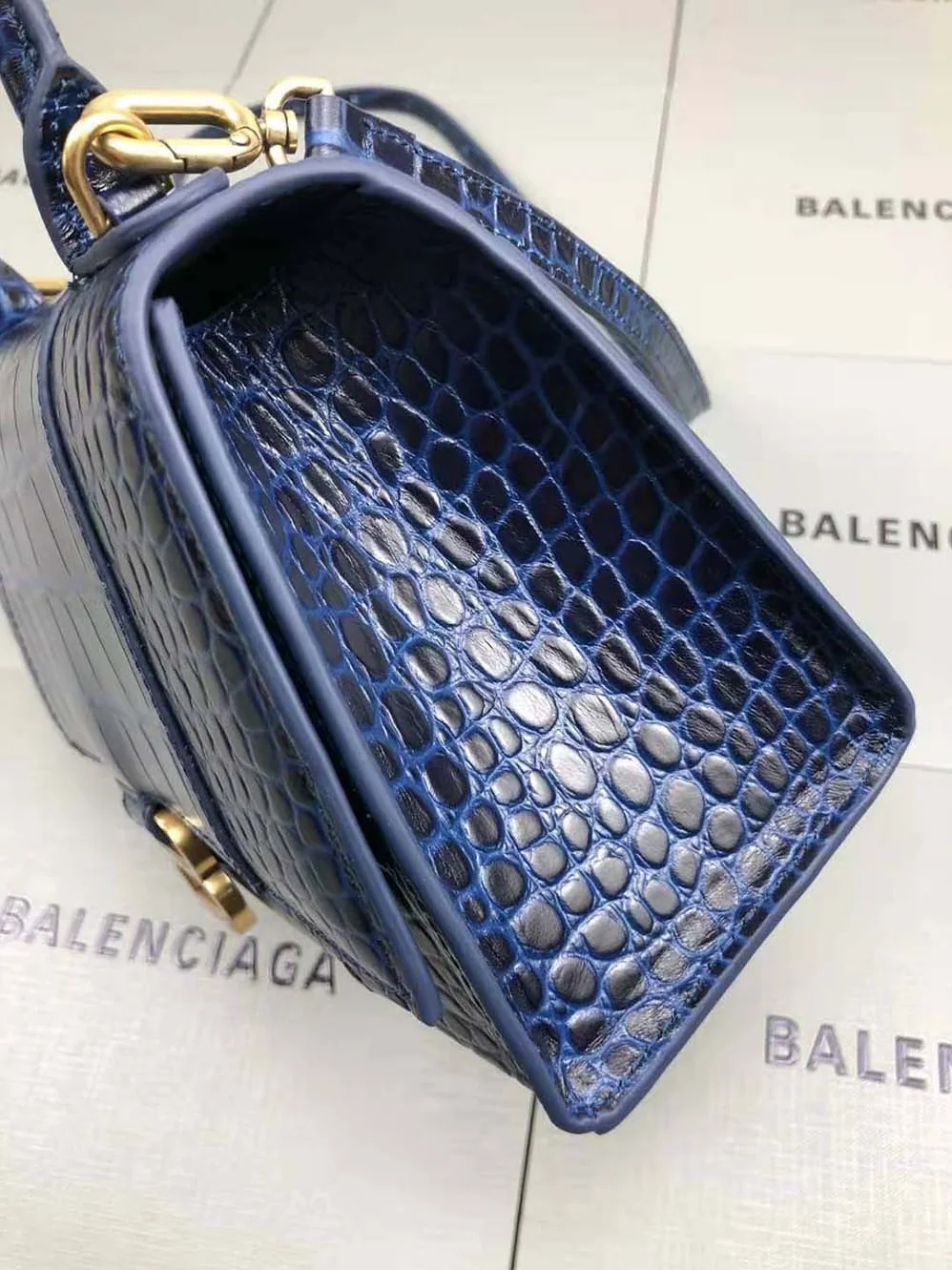 Balenciaga Hourglass Small Top Handle Bag in Navy Crocodile Embossed Calfskin for Women