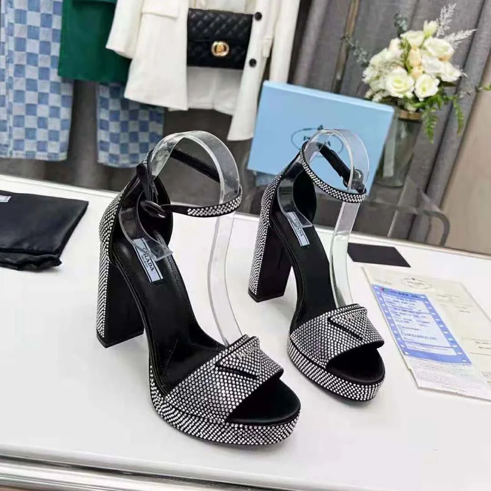 Prada Satin Platform Sandals with Crystals for Women in Black Prada Satin Platform Sandals with Crystals for Women in Black