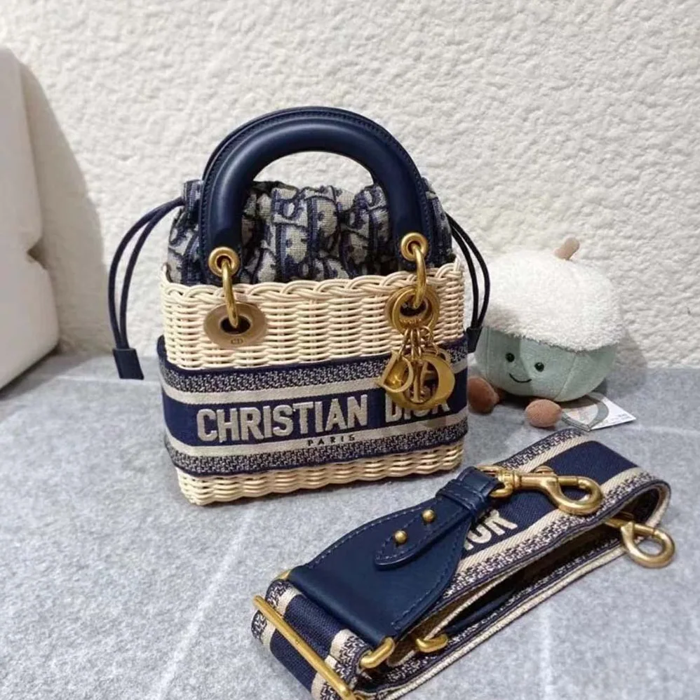 Dior Small Lady Dior Bag Natural Wicker and Blue Dior Oblique Jacquard for Women