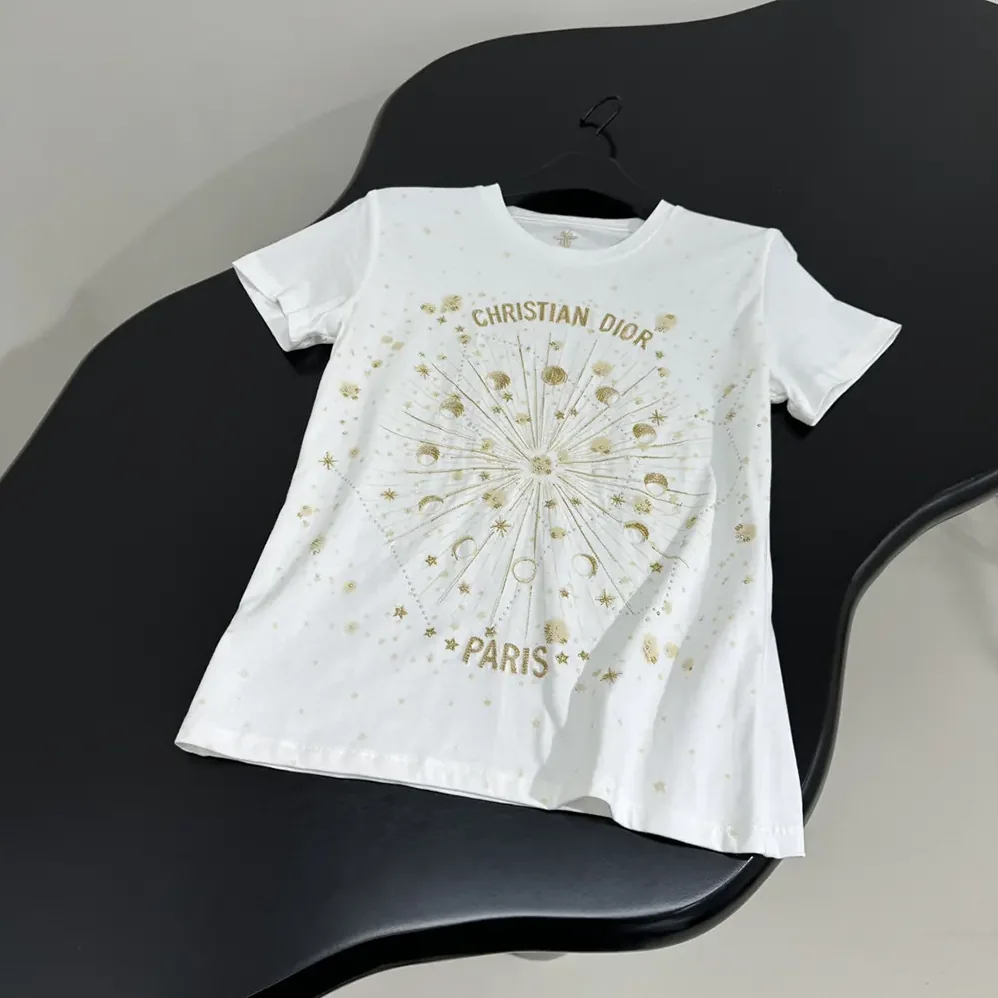 Dior Embroidered T-Shirt White Cotton Jersey with Gold for Women in Tone Dior Astral Motif