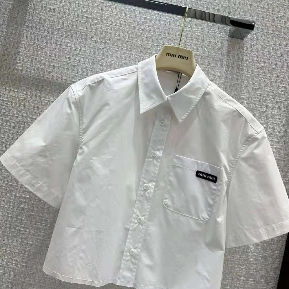 Miu Miu Poplin Shirt with Sartorial Logo Label for Women in White Miu Miu Poplin Shirt with Sartorial Logo Label for Women in White