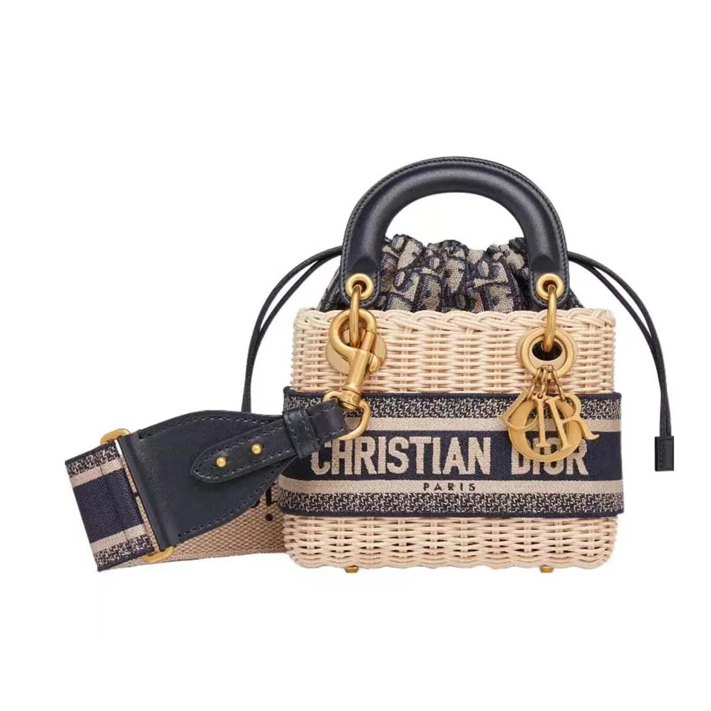 Dior Small Lady Dior Bag Natural Wicker and Blue Dior Oblique Jacquard for Women