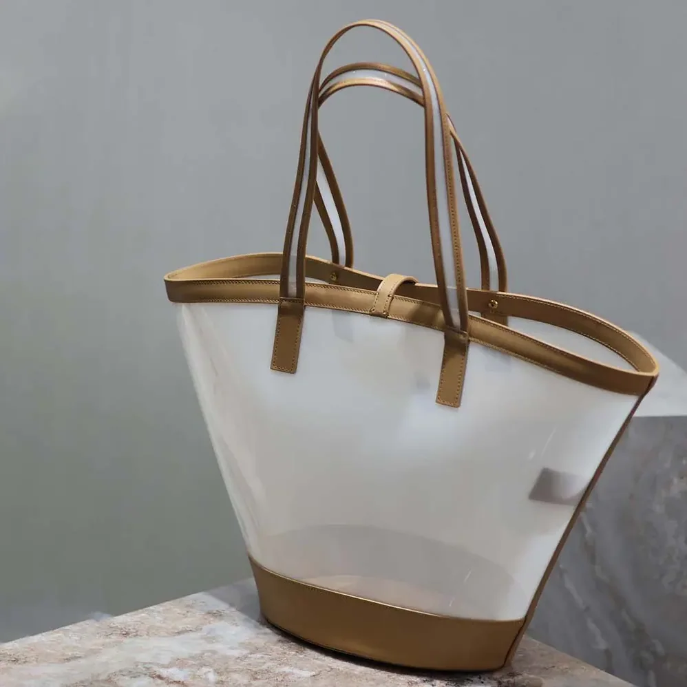 Saint Laurent YSL Panier Medium in Vinyl and Vegetable-tanned Leather for Women in Beige