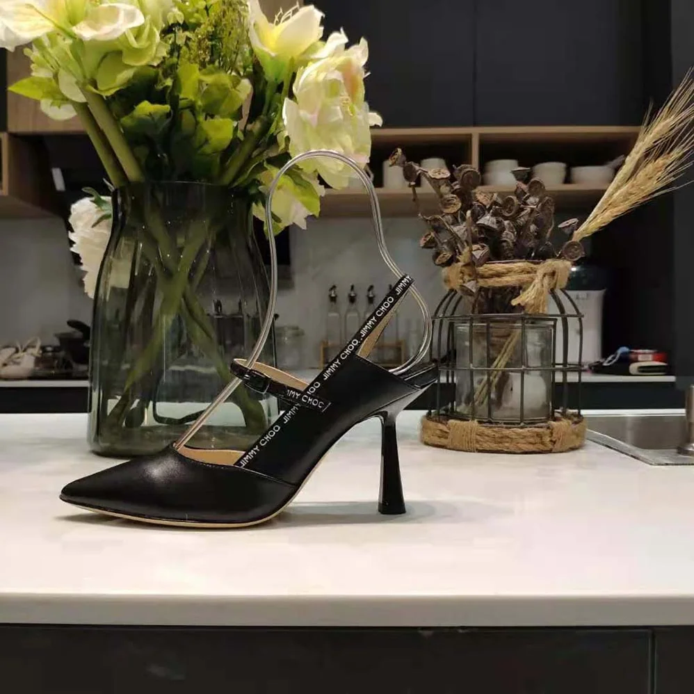 Jimmy Choo Ray 65 Black Nappa Leather Pointed Pumps with Logo for Women in Woven Ribbon