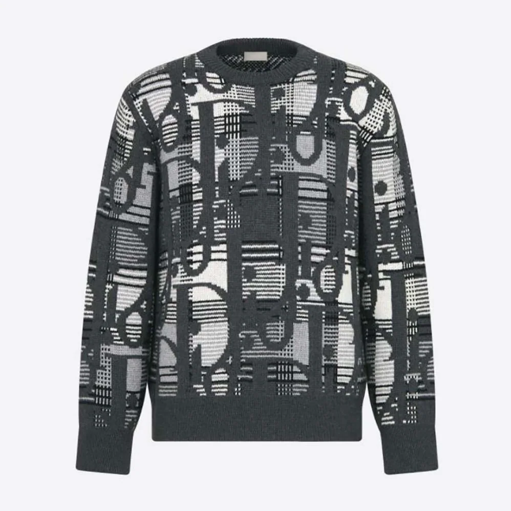 Dior Oblique Sweater with Tartan Motif Gray Wool Jacquard for Men