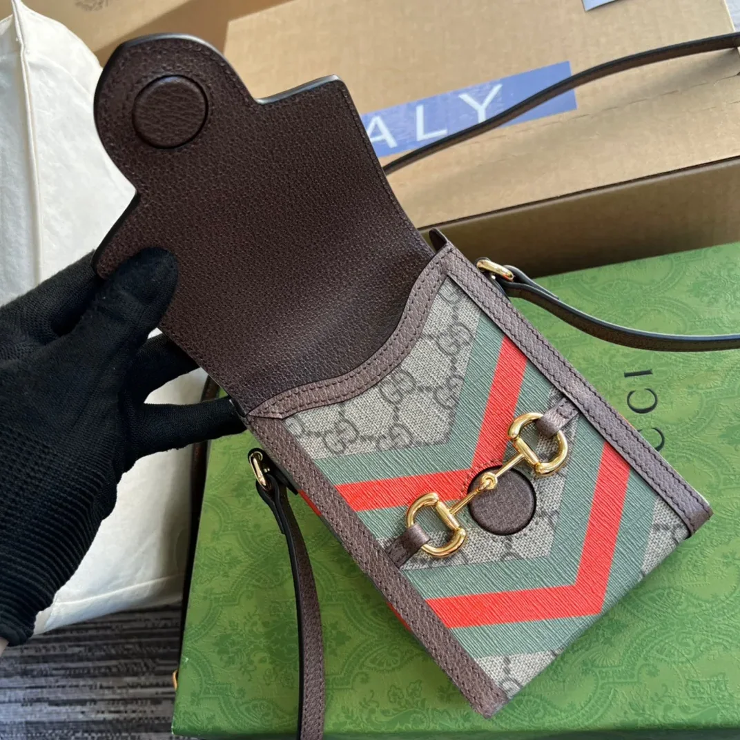 Gucci Horsebit 1955 Mini Bag Beige And Ebony GG Supreme Canvas With Geometric Print /