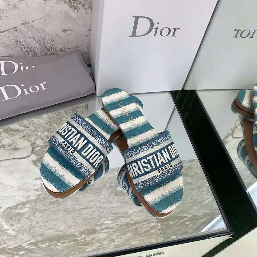 Dior Dway Slide Deep Ocean Blue D for Women in Stripes Embroidered Cotton