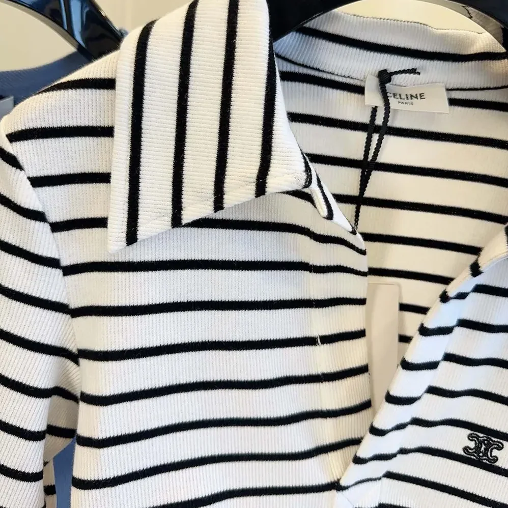 Celine Polo Shirt in Striped Silk Jersey for Women Celine Polo Shirt in Striped Silk Jersey for Women