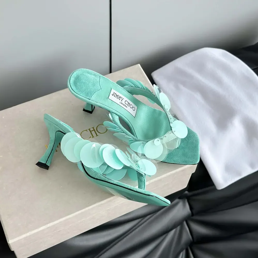 Jimmy Choo Freja 70 Aqua Green Suede Paillette Sandals for Women