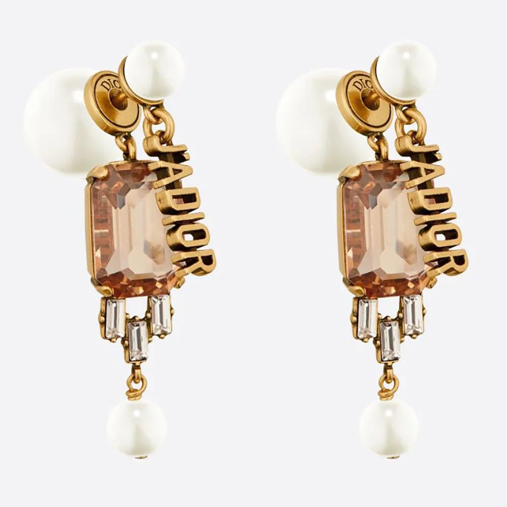 Dior Tribales Earrings Antique Gold-Finish Metal and White Resin Pearls with Multicolor Crystals for Women Dior Tribales Earrings Antique Gold-Finish Metal and White Resin Pearls with Multicolor Crystals for Women