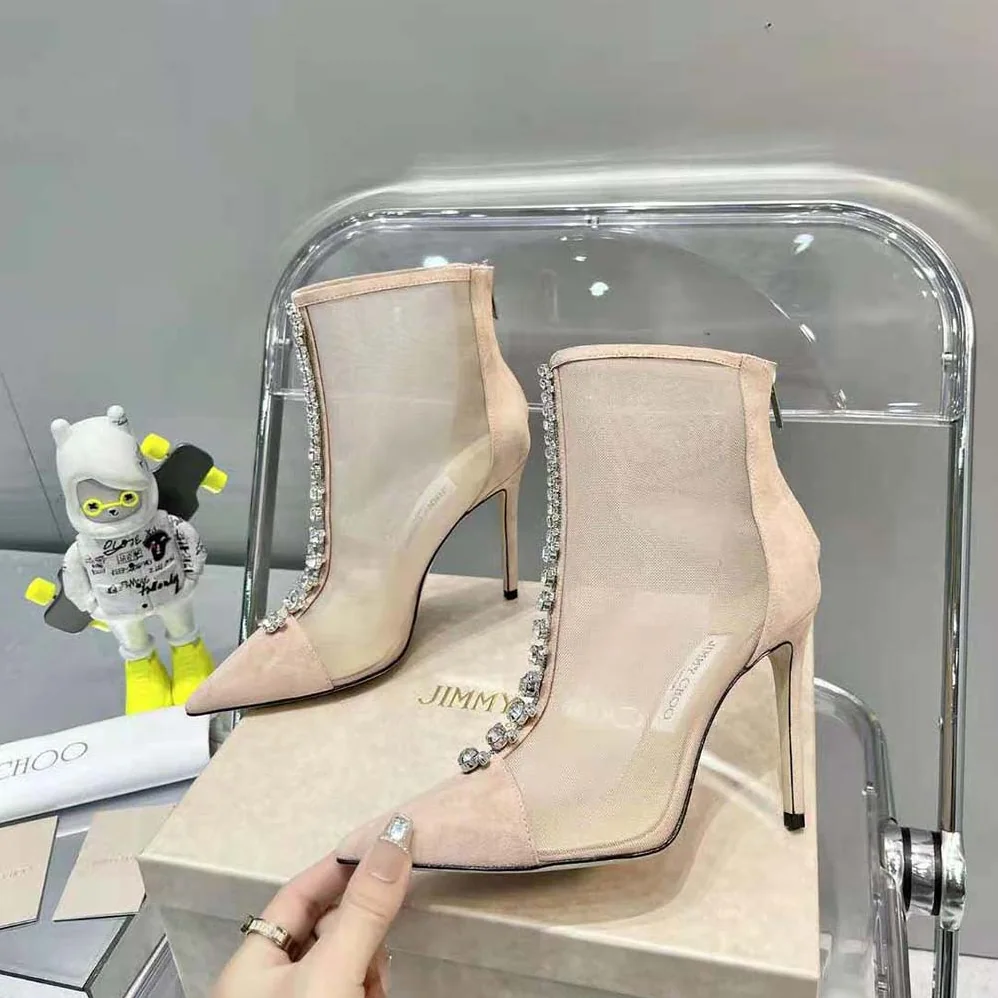 Jimmy Choo Bing Boot 100 Ballet Pink Suede and Mesh Ankle Boots for Women