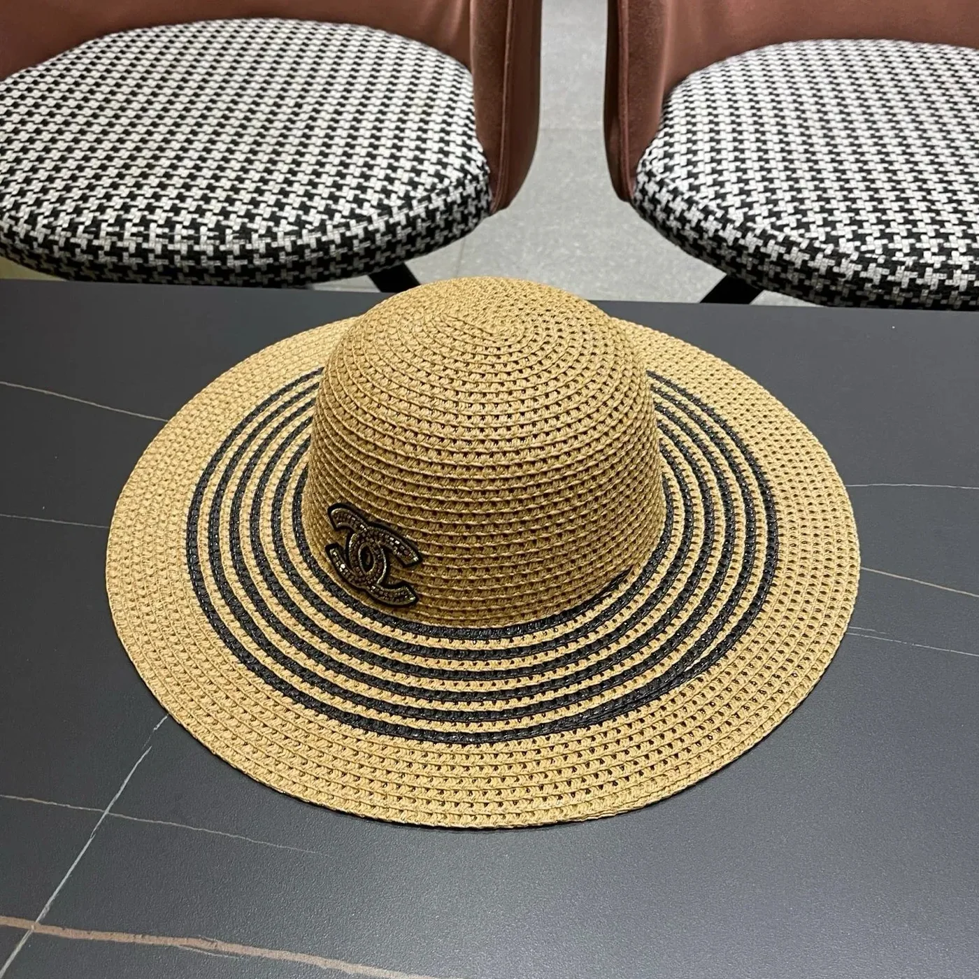 Chanel Monochrome Striped Sun Hat Dark Beige Straw Chanel Monochrome Striped Sun Hat Dark Beige Straw