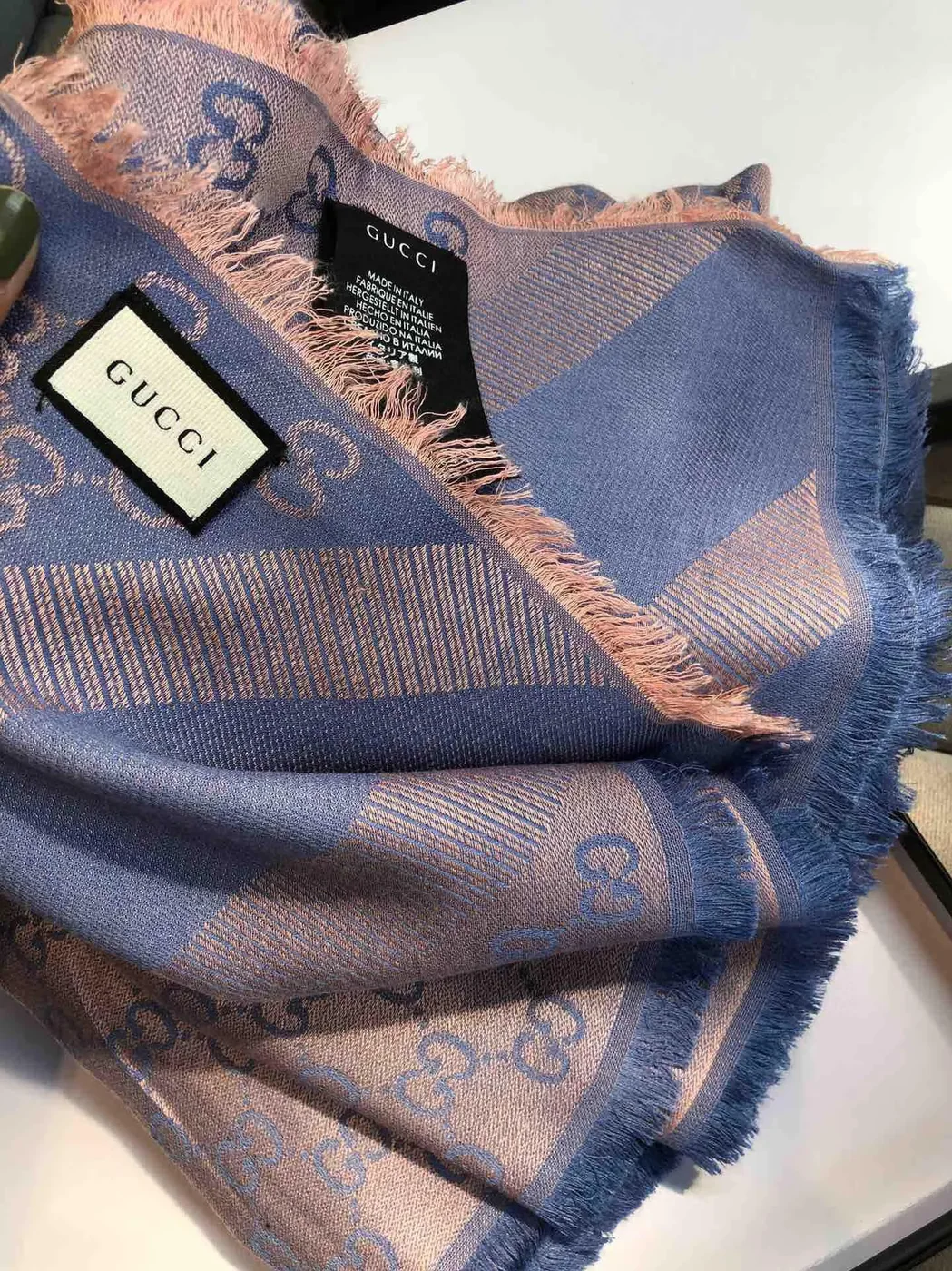 Gucci GG Jacquard Silk Wool Shawl Blue / Gucci GG Jacquard Silk Wool Shawl Blue /