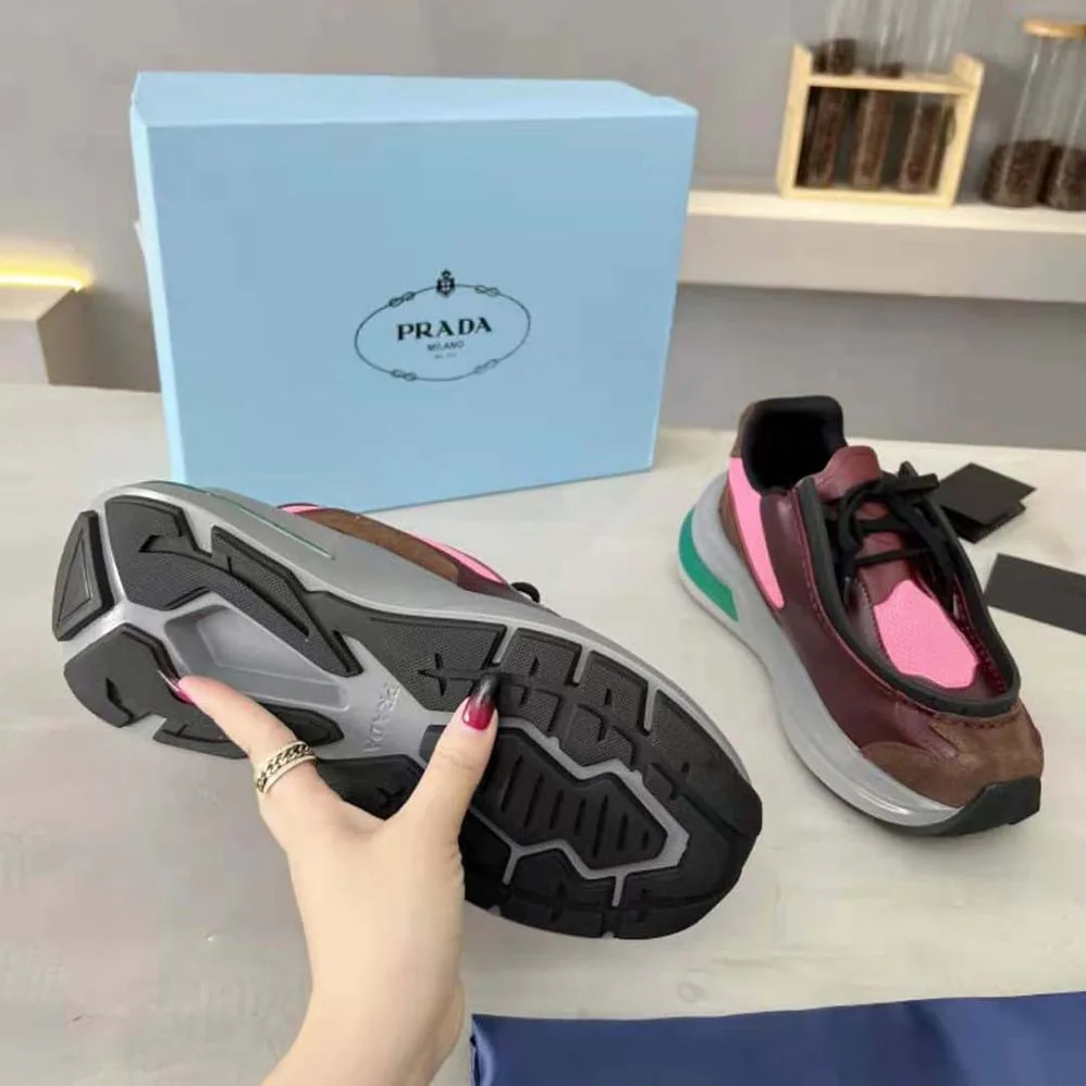 Prada Brushed Leather Sneakers with Bike Fabric and Suede Elements for Men in Pink