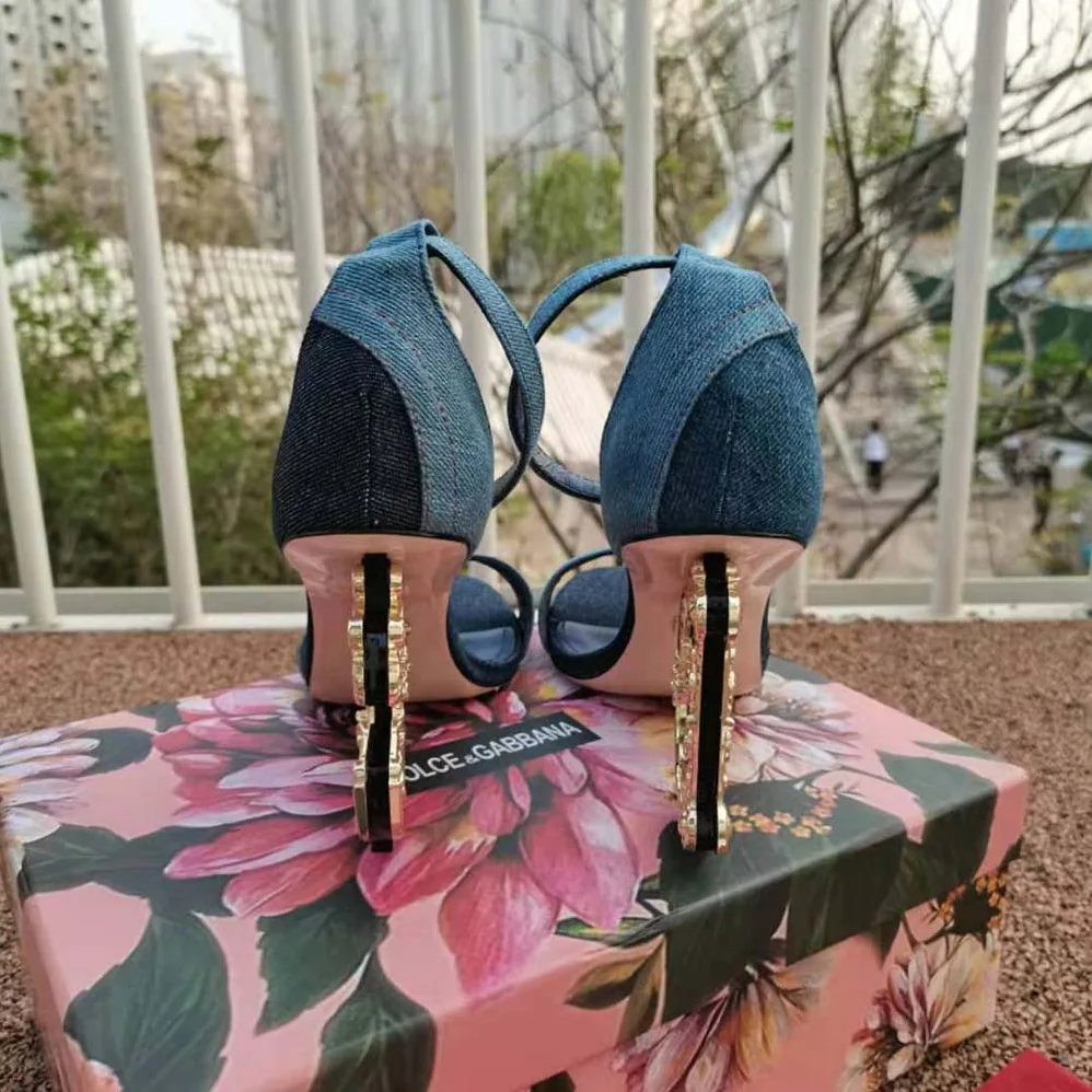 Dolce Gabbana D&G Patchwork Denim Sandals with Baroque DG Heel for Women Dolce Gabbana D&G Patchwork Denim Sandals with Baroque DG Heel for Women