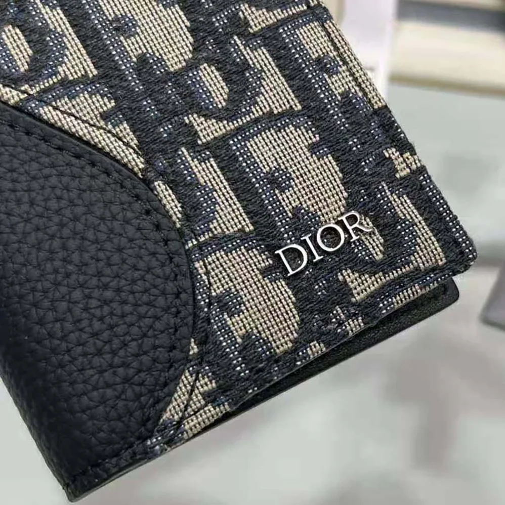 Dior Saddle Bi-fold Card Holder Blue Grained Calfskin Leather Marquetry for Men