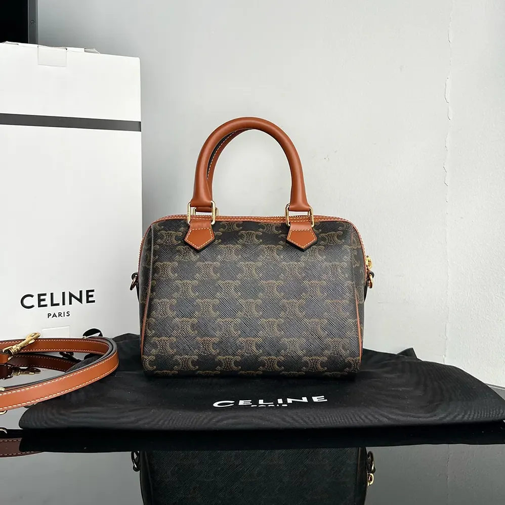Celine Small Boston in Triomphe Canvas and Calfskin for Women in Tan