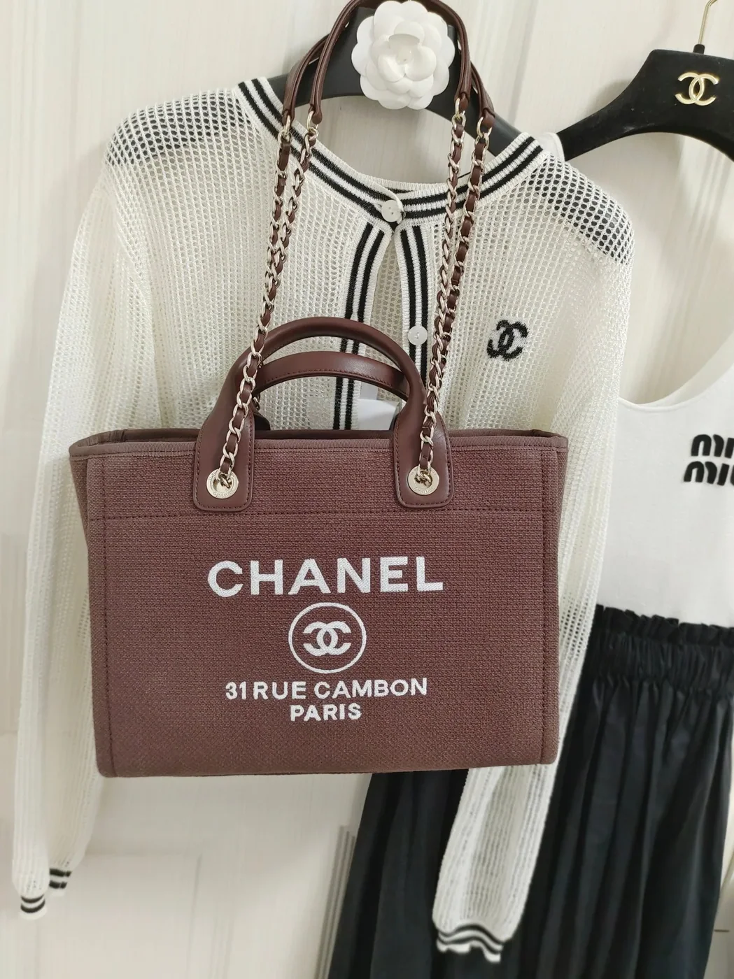 Chanel Deauville Tote Bag in Burgundy Silver Hardware