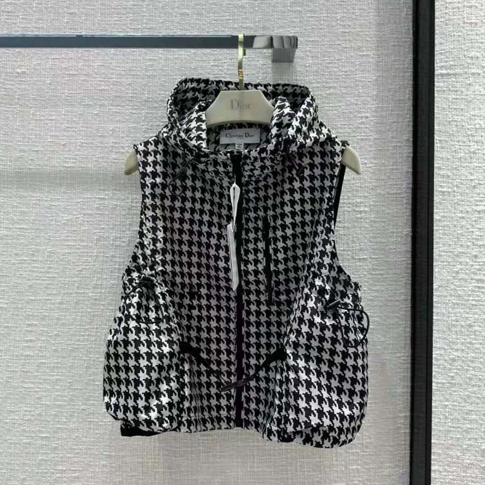 Dior Hooded Sleeveless Vest Black and White Technical Taffeta Jacquard with Macro Houndstooth Motif for Women