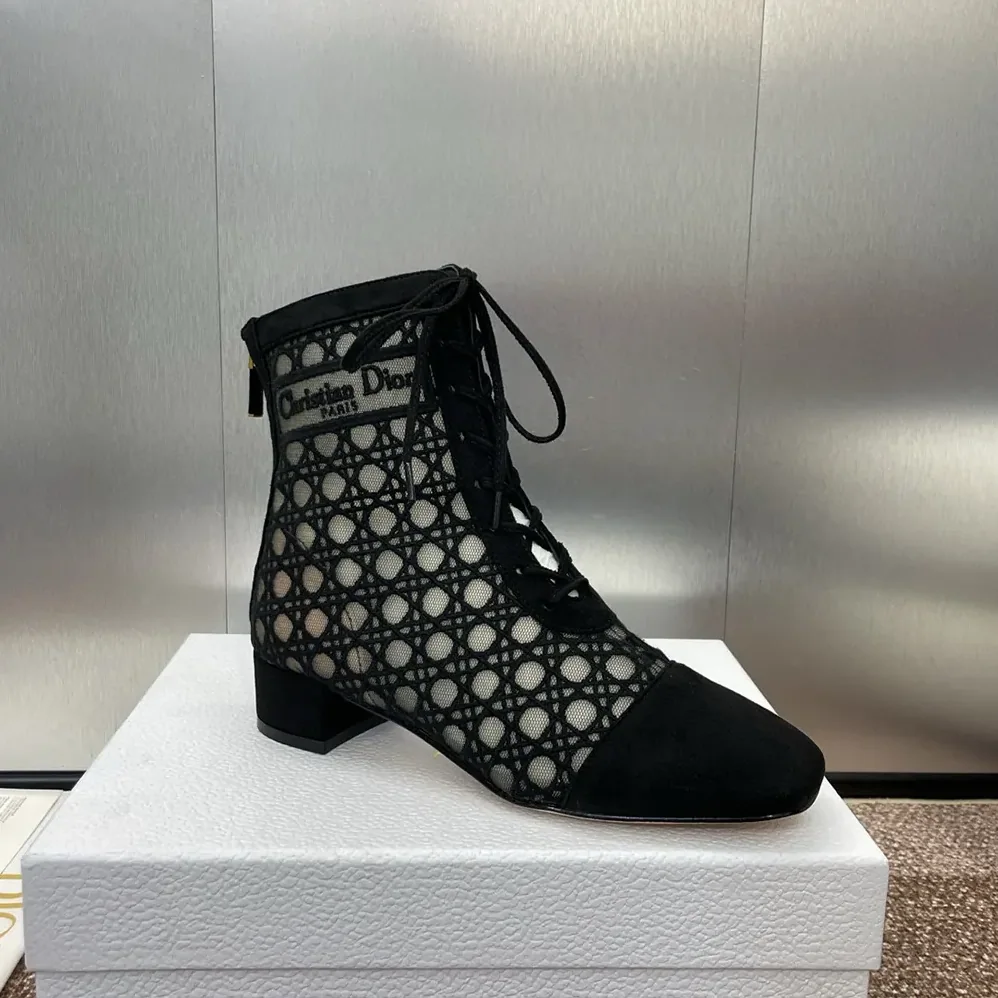 Dior Naughtily-D Heeled Ankle Boot Transparent Mesh Embroidered with Black Cannage Motif for Women Dior Naughtily-D Heeled Ankle Boot Transparent Mesh Embroidered with Black Cannage Motif for Women