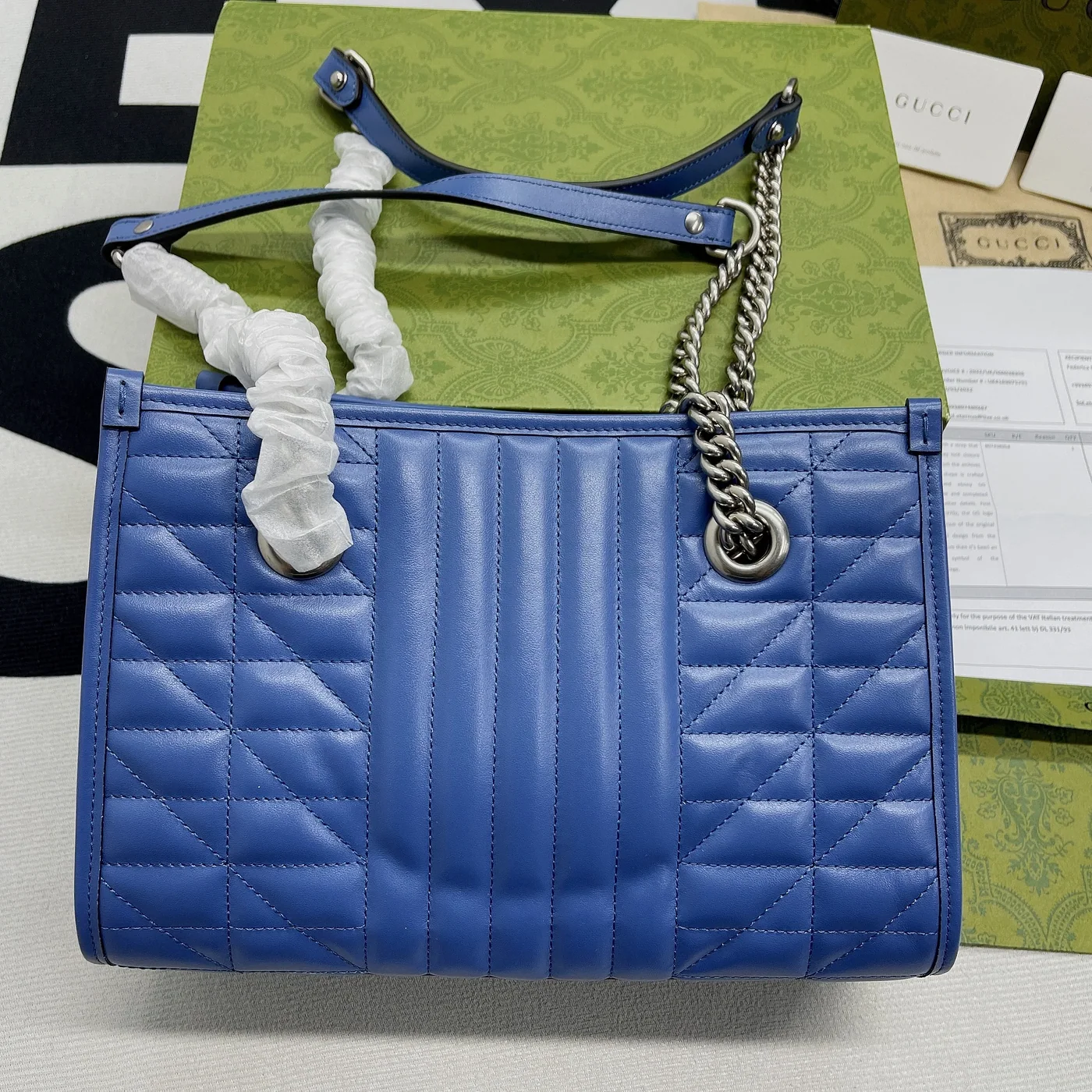 Gucci Marmont Small Matelasse Tote Bag in Blue Palladium Hardware