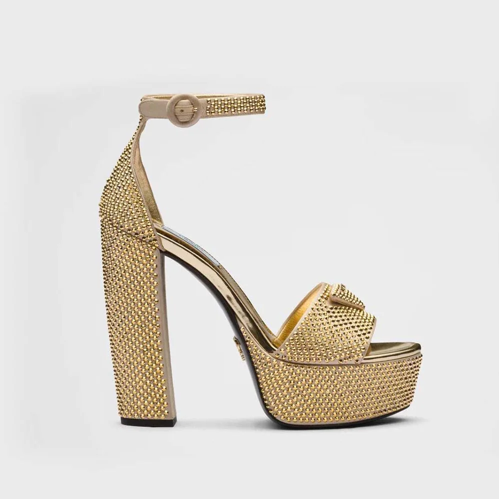 Prada Satin Platform Sandals with Crystals for Women in Gold