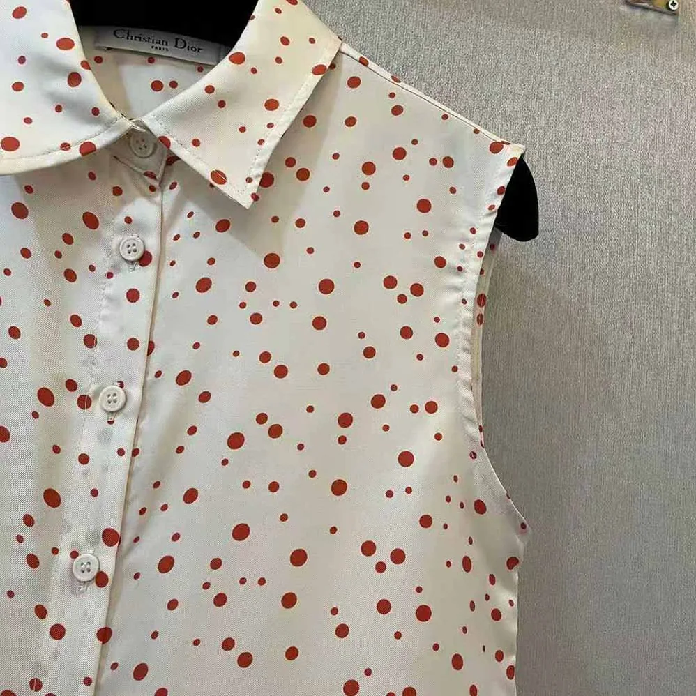Dior Sleeveless Blouse Ecru Habotai Silk with Raspberry Pop Dots for Women Dior Sleeveless Blouse Ecru Habotai Silk with Raspberry Pop Dots for Women