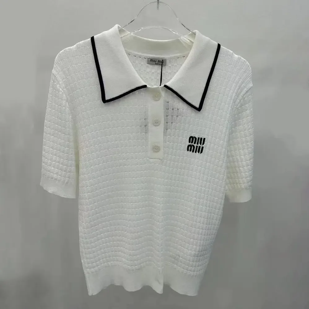 Miu Miu Knit Cotton Polo Shirt with Intarsia Logo for Women in White