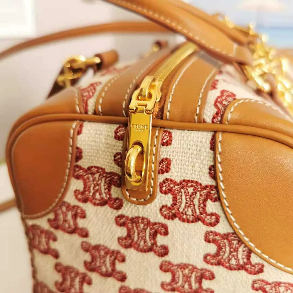 Celine Small Boston Bag in Textile With Triomphe Embroidery for Women