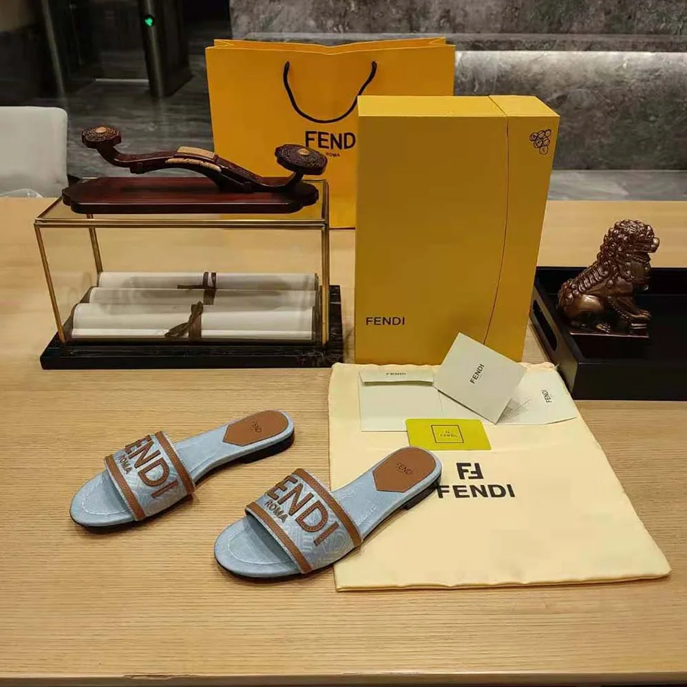 Fendi Signature Light Blue Denim Slides for Women
