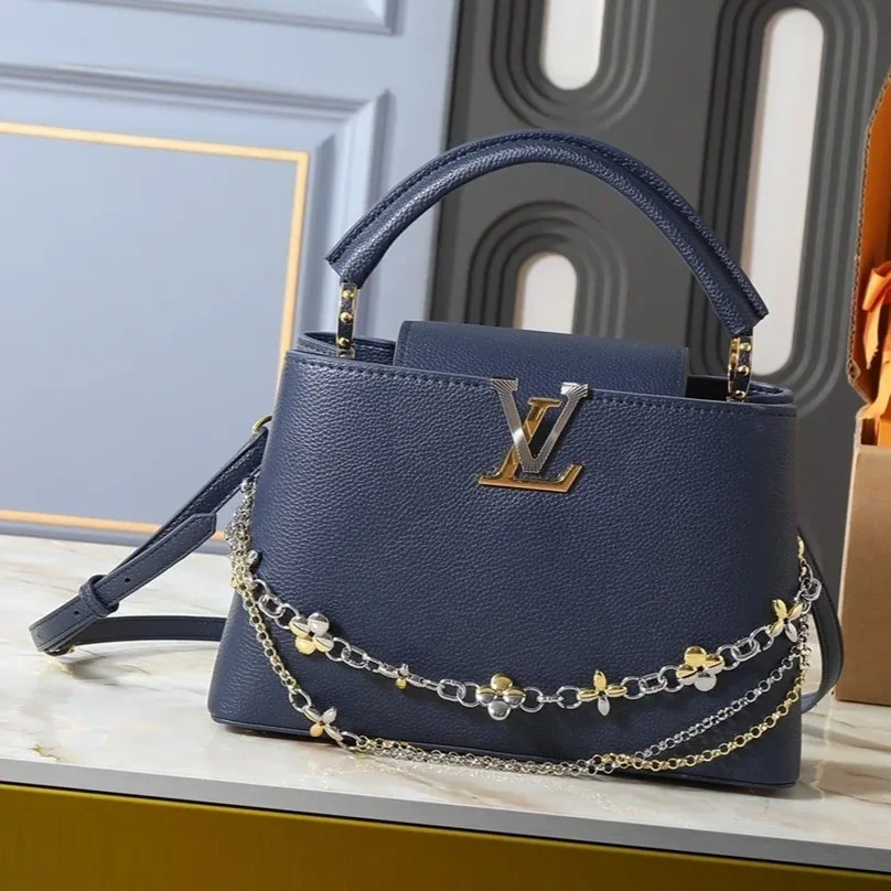 Louis Vuitton Capucines MM Top Handle Bag / Navy Blue Silver/ Gold Hardware