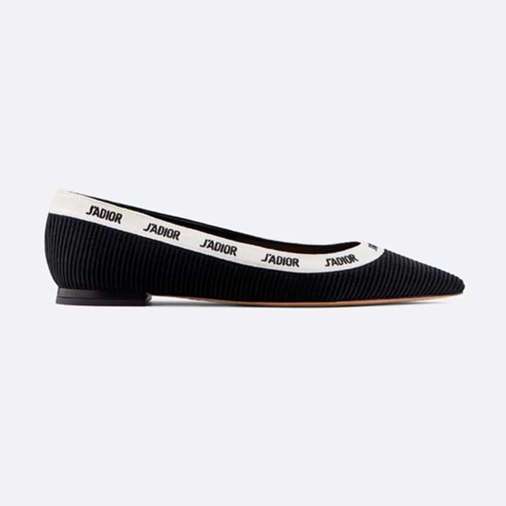 Dior J'adior Embroidered Ballet Flat Technical Canvas Embroidered Ribbon for Women in Black