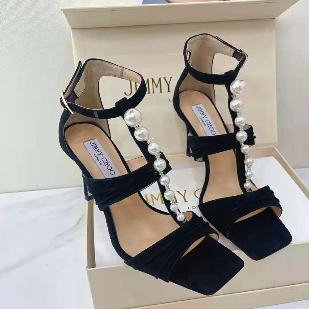 Jimmy Choo Aura 95 Black Suede Sandals with Pearls and Crystals for Women Jimmy Choo Aura 95 Black Suede Sandals with Pearls and Crystals for Women