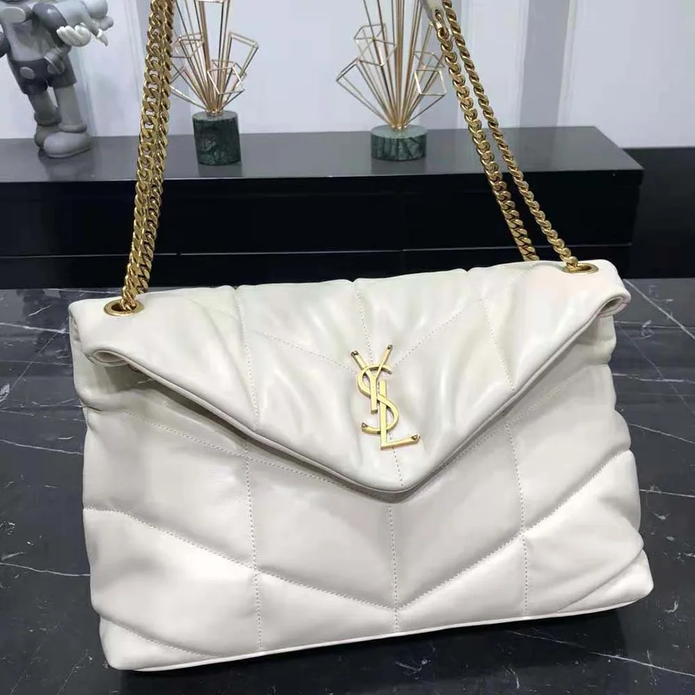 Saint Laurent YSL Puffer Medium Chain Bag in Quilted Lambskin for Women in White Saint Laurent YSL Puffer Medium Chain Bag in Quilted Lambskin for Women in White