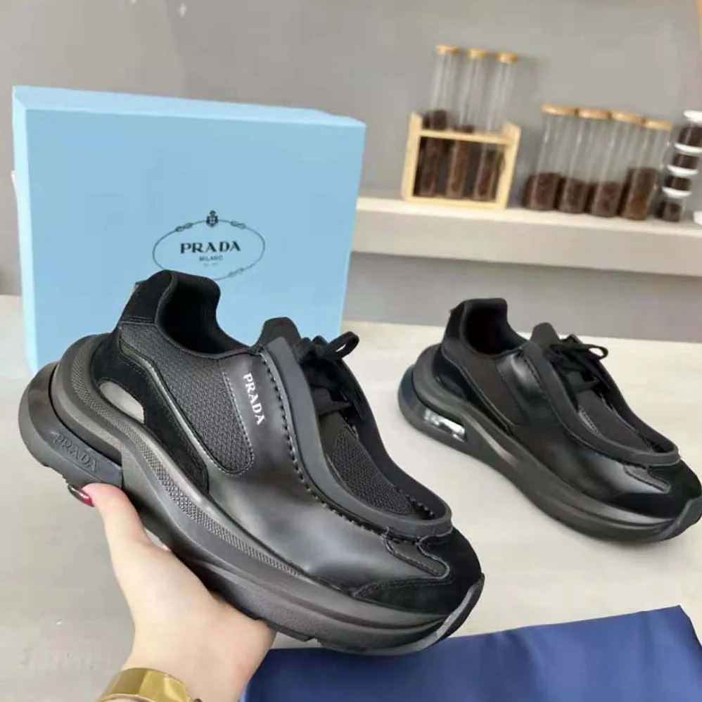 Prada Brushed Leather Sneakers with Bike Fabric and Suede Elements for Men in Black Prada Brushed Leather Sneakers with Bike Fabric and Suede Elements for Men in Black