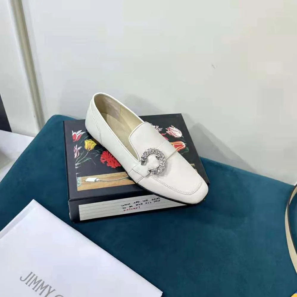 Jimmy Choo Mani Flat Latte Nappa Leather Loafers with Crystal Buckle for Women Jimmy Choo Mani Flat Latte Nappa Leather Loafers with Crystal Buckle for Women