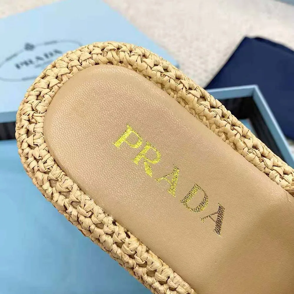 Prada Crochet Flatform Slides with Enameled Metal Triangle Logo for Women in Beige Prada Crochet Flatform Slides with Enameled Metal Triangle Logo for Women in Beige