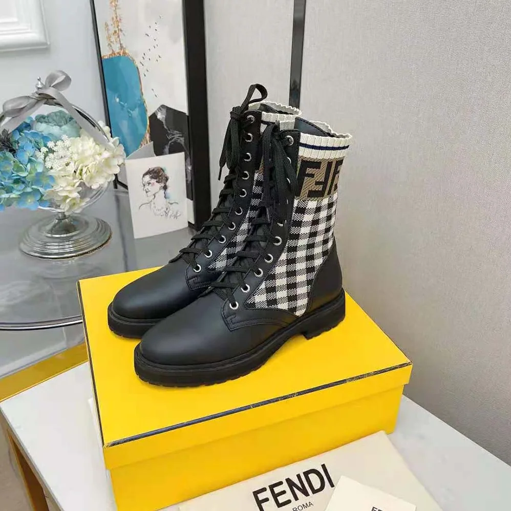Fendi Rockoko Black Leather Biker Boots with Stretch Fabric for Women