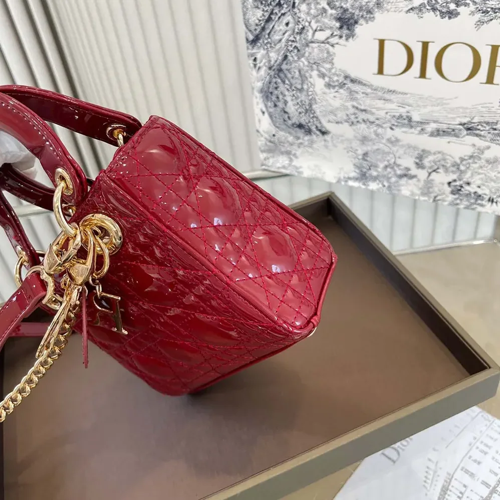 Dior Mini Lady Dior Bag Cherry Red Patent Cannage Calfskin for Women