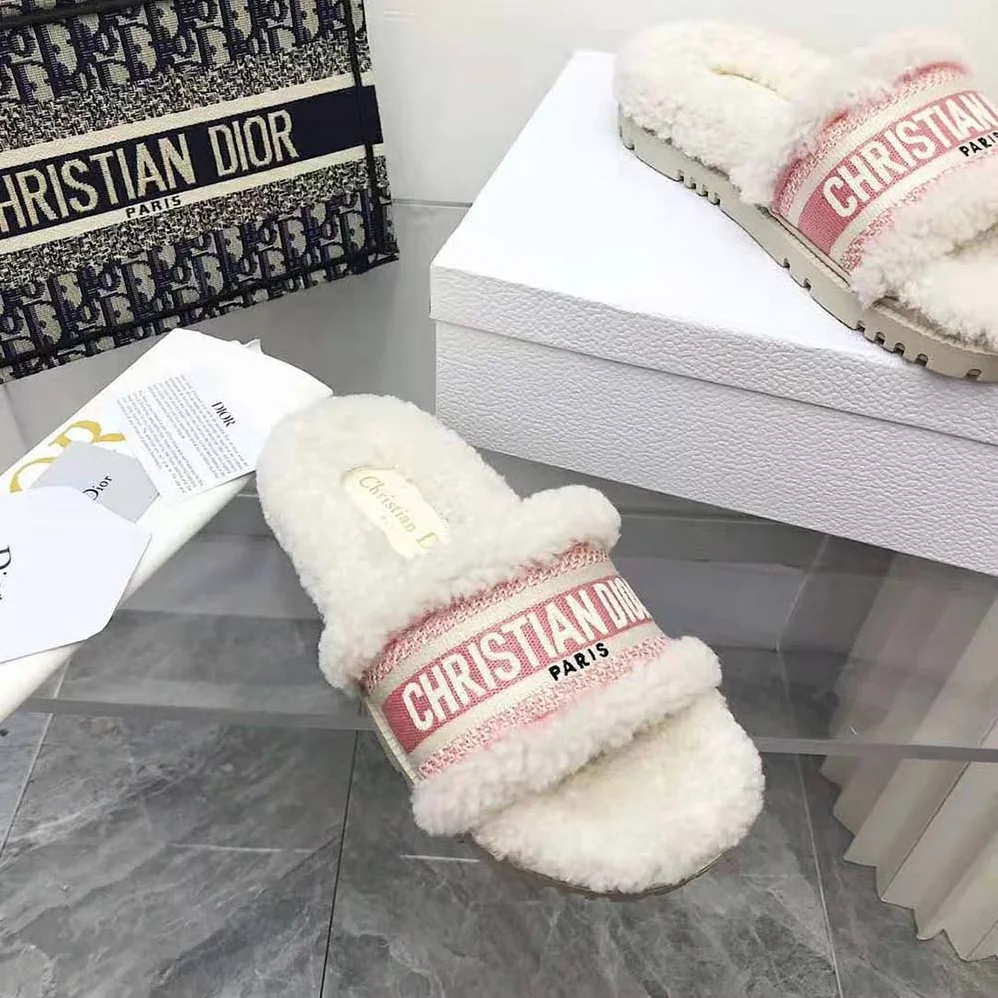 Dior Dway Slide Peony Pink Embroidered Cotton and White Shearling for Women